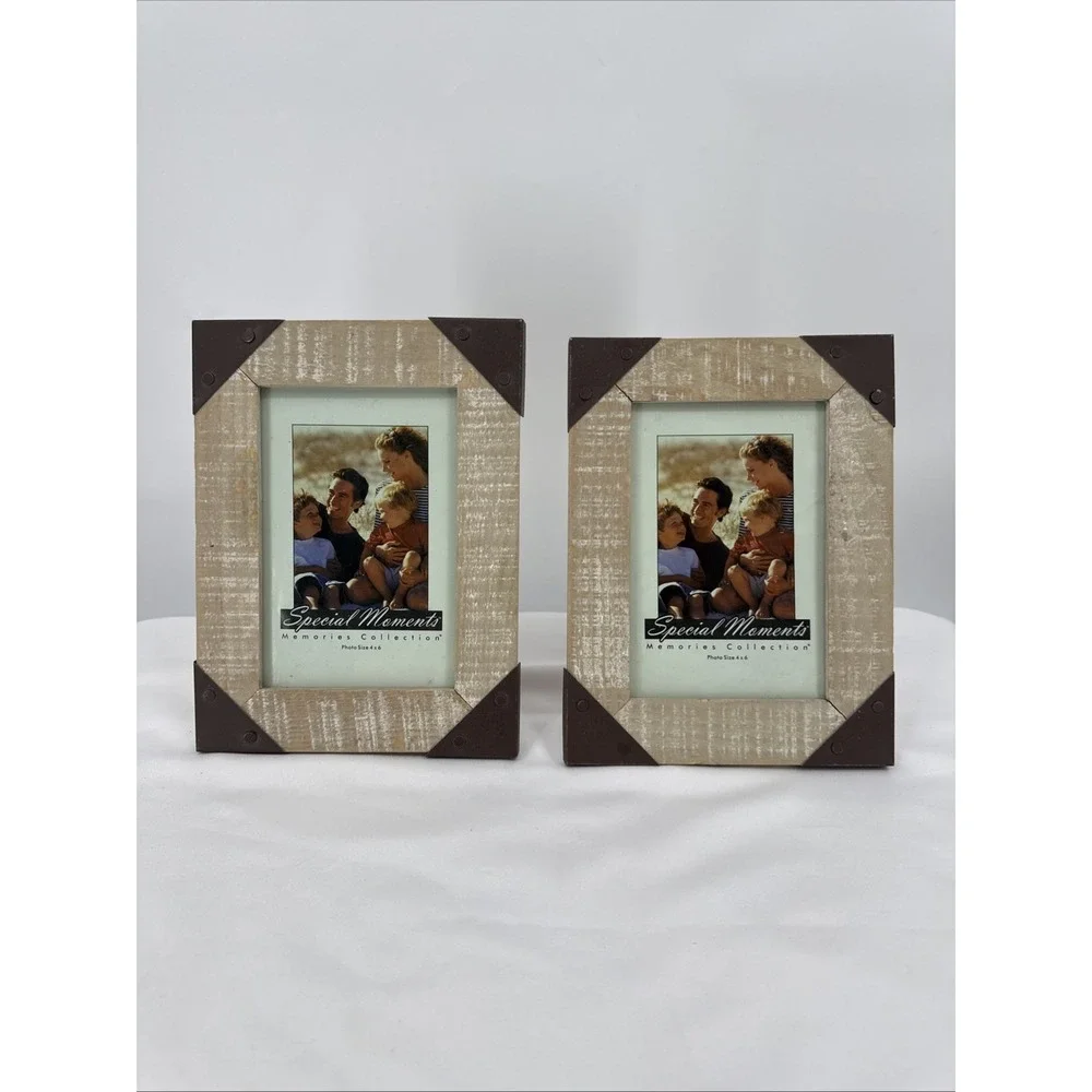 Lot Of 4 Wooden Rustic Photo Frames With Metal Riveted Corners For 4 X 6 Photos.